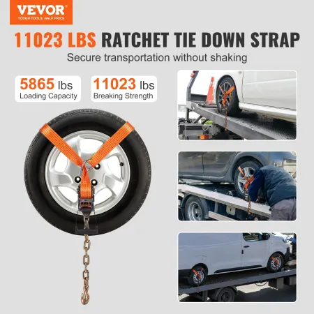 Car Tie Down with Chain Anchors, Lasso Style 2"×120" Tire Straps, 5865 LBS Working Load, 11023 LBS Breaking Strength, with Heavy