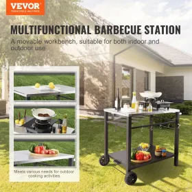 Outdoor Grill Dining Cart with Double-Shelf, BBQ Movable Food Prep Table, Multifunctional Stainless Steel Table Top, Portable