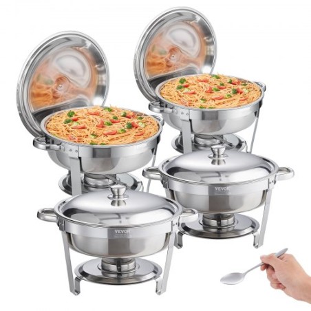 Chafing Dish Buffet Set, 6 Qt 4 Pack, rustfrit stål chafer med pan i fuld størrelse, rund catering varmere server med låg vand