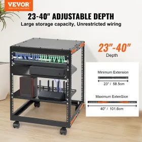 12U Open Frame Server Rack, 15''-40'' Adjustable Depth, Free Standing or Wall Mount Network Server Rack, 4 Post AV Rack with