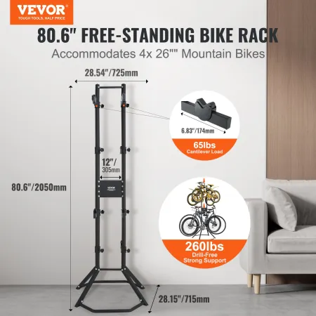 4 Bike Storage Rack, Free Standing Gravity Wall Vertical Bike Rack, Fully Adjustable Bike Rack Garage, Sturdy Steel & Easy Assem