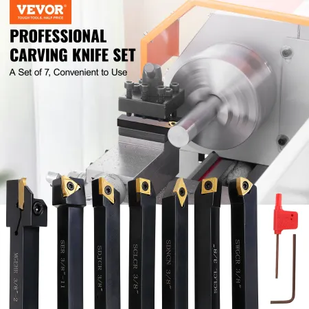 7 Pieces Indexable Lathe Turning Tool Holder, 1 cm, CNC Heavy-Duty Metal Lathe Cutting Tools, with Tin Coated Carbide Inserts Al