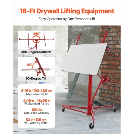 Drywall Rolling Lifter Panel, 16ft Sheetrock Lift Drywall Lift, 150lb Weight Capacity Panel Hoist Jack Tool, Steel Material with