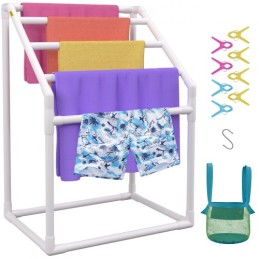Pool Towel Rack, 5 Bar, White, Freestanding Outdoor PVC Trapedozal Poolside Storage Organizer, Include 8 Towel Clips, Mesh Bag,