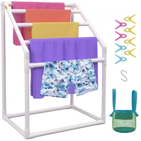 Pool Towel Rack, 5 Bar, White, Freestanding Outdoor PVC Trapedozal Poolside Storage Organizer, Include 8 Towel Clips, Mesh Bag,