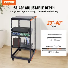 20U Open Frame Server Rack, 15''-40'' Adjustable Depth, Free Standing or Wall Mount Network Server Rack, 4 Post AV Rack with