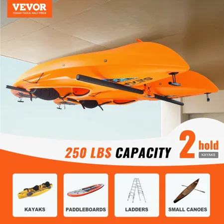 Kayak Ceiling Storage Rack, Ceiling Storage Rack for 2 Kayak Canoe SUP, Adjustable Height Overhead Kayak Holder Hanger with Padd