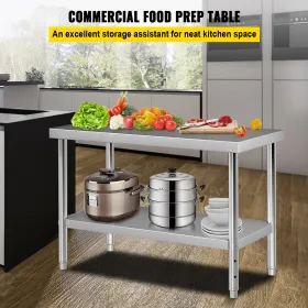 Stainless Steel Prep Table, 48 x 24 x 34 Inch, 550lbs Load Capacity Heavy Duty Metal Worktable with Adjustable Undershelf,