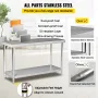 Prep -tabel i rustfrit stål, 48 x 24 x 34 tommer, 550 kg