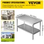 Prep -tabel i rustfrit stål, 48 x 24 x 34 tommer, 550 kg