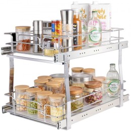 2 Tier 13"W x 21"D Pull Out Cabinet Organizer, Heavy Duty Slide Out Pantry Shelves, Chrome-Plated Steel Roll Out Drawers,