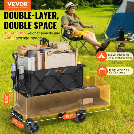 Foldable Double Decker Wagon, 400L Collapsible Wagon Cart with All-Terrain Wheels, Heavy Duty Folding Wagon Cart 350-450 lb Weig