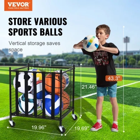 Rolling Sports Ball Storage Cart, Lockable Basketball Cage with Elastic Straps, Sport Equipment Holder Organizer for Indoor Outd
