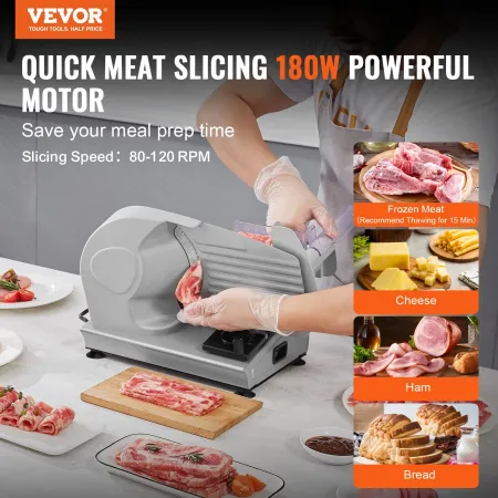 Meat Slicer, 180W Electric Deli Food Slicer with 19.1 cm SUS420 Stainless Steel Blade and Blade Guard, 0 - 1.5 cm Adjustable Thi