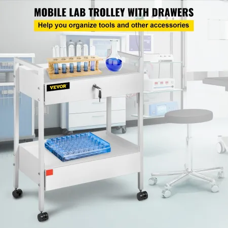 Lab Cart, 2 Tiers Stainless Steel Utility Cart Medical Cart 2 Drawers Rolling Lab Cart White Paint Serving Cart with 360° Caster
