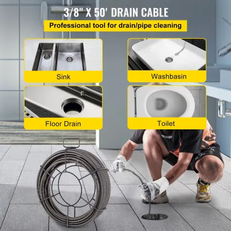 Dræning rengøringskabel 50 fod x 3/8 tommer fast kerne kabel