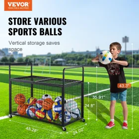 Rolling Sports Ball Storage Cart, Lockable Basketball Cage med dobbelt låg, arrangør af sportsudstyrsholder til indendørs