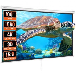 Manual Pull Down Projector Screen, 100 inch 16:9 4K 1080 HD Retractable Projector Screen, Auto-Locking Portable Projection