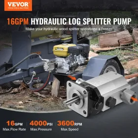 Hydraulic Log Splitter Pump, 16GPM, 2 Stage 4000PSI Wood Log Splitter Pump, 1'' Inlet 1/2'' NPT Outlet 3600 RPM Aluminum