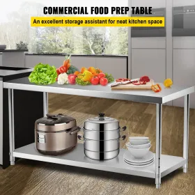 Stainless Steel Prep Table, 72 x 30 x 34 Inch, 550lbs Load Capacity Heavy Duty Metal Worktable with Adjustable Undershelf,