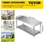 Stainless Steel Prep Table, 182.9 x 76.2 x 86.4 cm, 249.5 kg Load Capacity Heavy Duty Metal Worktable with Adjustable Undershelf