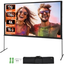 Projector Screen with Stand, 120 inch 16:9 4K 1080 HD Outdoor Movie Screen with Stand, Wrinkle-Free Projection Screen with Bar