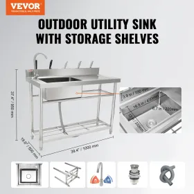 Stainless Steel Utility Sink, 1 Compartment Free Standing Small Sink w/Workbench Faucet & legs, 39.4 x 19.1 x 37.4 in