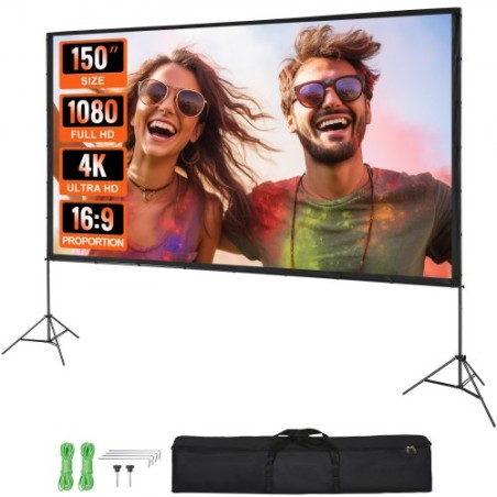 Projector Screen with Stand, 150 inch 16:9 4K 1080 HD Outdoor Movie Screen with Stand, Wrinkle-Free Projection Screen with