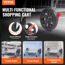 Folding Shopping Cart, 110 lbs Max Load Capacity, Grocery Utility Cart with Rolling Swivel Wheels, Heavy Duty Foldable Laundry