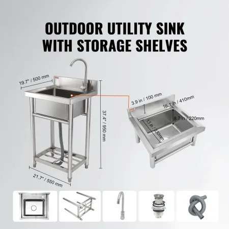 Stainless Steel Utility Sink, 1 Compartment Free Standing Small Sink Include Faucet & legs, 40.6 x 33 x 22.1 cm Commercial Singl