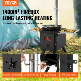 Wood Stove, 218.4 cm, Alloy Steel Camping Tent Stove, Portable Wood Burning Stove with Chimney Pipes & Gloves, 22941.9 cm³ Fireb