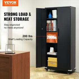 Metal Storage Cabinet with Wheels, 75 in Locking Cabinet with 4 Adjustable Shelves & 2 Magnetic Doors, 200 lbs Capacity per