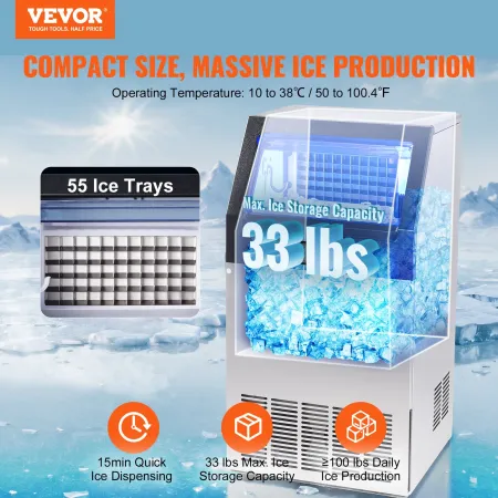 Commercial Ice Maker, 100lbs/24H, Ice Maker Machine, 55 Ice Cubes in 12-15 Minutes, Freestanding Cabinet Ice Maker with 33lbs St