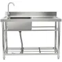 Stainless Steel Utility Sink, Free Standing Single Bowl Commercial Kitchen Sink Set w/Workbench, 119.4 x 50 x 95 cm Commercial S