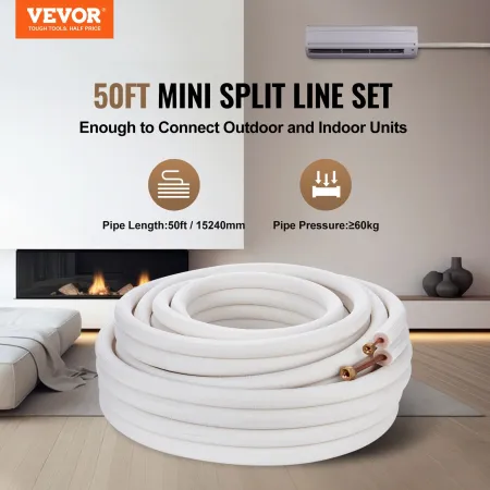 15240mm Mini Split Line Set, 6.4 & 9.5mm O.D Copper Pipes Tubing and Triple-Layer Insulation, for Mini Split Air Conditioning Re