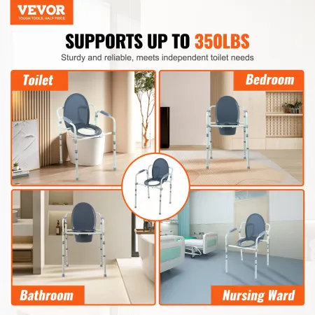 Commode Chair, Bedside Commode with Wider Toilet Seat, 7-Level Adjustable Height, 5.8L Removable Bucket, Easy to Assemble, 350 L