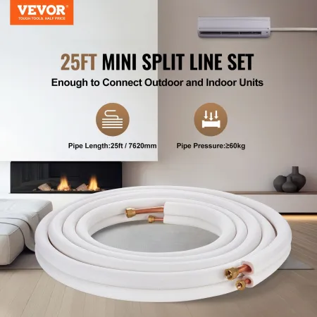 7620mm Mini Split Line Set, 6.4 & 9.5mm O.D Copper Pipes Tubing and Triple-Layer Insulation, for Mini Split Air Conditioning Ref