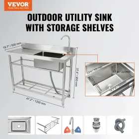 Stainless Steel Utility Sink, 1 Compartment Free Standing Small Sink w/Workbench Faucet & legs, 47.2 x 19.7 x 37.4 in