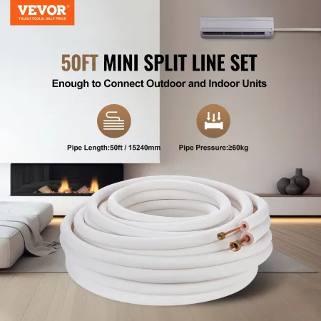 15240mm Mini Split Line Set, 6,4 & 12,7 mm O.D Kobberrør rør og