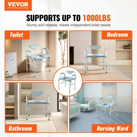 Commode Chair, Bedside Commode with Drop-Down Arms and Detachable Backrest, 5-Level Adjustable Height, 7L Removable Bucket, Easy