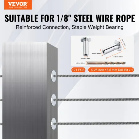 121 Pack T316 Stainless Steel Protector Sleeves for 3.2mm Wire Rope Cable Railing, DIY Balustrade T316 Marine Grade, Come with A