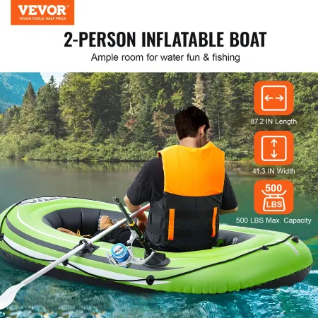 Inflatable Boat, 2-Person Inflatable Fishing Boat, Strong PVC Portable Boat Raft Kayak, Includes 45.6 in Aluminum Oars, High-Out
