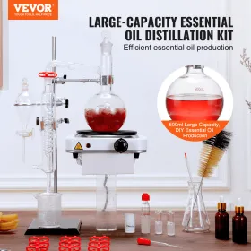 Essential Oil Distillation Kit, 500ml Distillation Apparatus, 3.3 Boro Lab Glassware Distillation Kit with 1000W Heating Plate