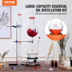 Essential Oil Distillation Kit, 2000 ml destillationsapparat, 3,3 Boro Lab Glassware Distillation Kit med 1000W varmeplade