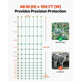 Electric Fence Netting, 48" H x 100' L, PE Net Fencing Kit with Posts & Double-Spiked Stakes, Utility Portable Mesh for