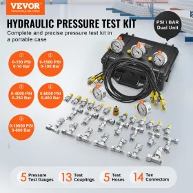 Hydraulic Pressure Test Kit, 10/100/250/400/600bar, 5 Gauges 13 Couplings 14 Tee Connectors 5 Test Hoses, Excavator Hydraulic