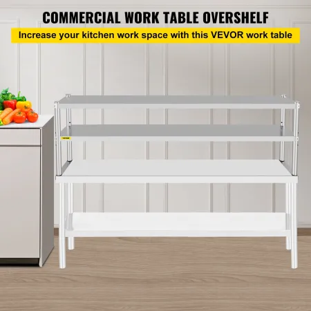 Double Overshelf, Double Tier Stainless Steel Overshelf, 72 in Length x 12 in Width Double Deck Overshelf, Height Adjustable Ove