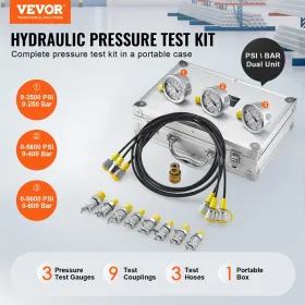 Hydraulic Pressure Test Kit, 250/400/600bar, 3 Gauges 9 Test Couplings 3 Test Hoses, Excavator Hydraulic Test Gauge Set with