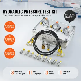 Hydraulic Pressure Test Kit, 250/400/600bar, 3 Gauges 11 Test Couplings 3 Test Hoses, Excavator Hydraulic Test Gauge Set with