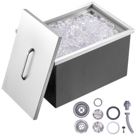 Drop in Ice Chest, 22"L x 17"W x 12"H Stainless Steel Ice Cooler, Commercial Ice Bin with Cover, 40 qt Outdoor Kitchen Ice Bar,